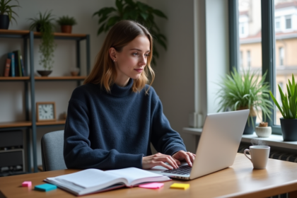 Jeune femme française travaillant sur son ordinateur dans un bureau moderne