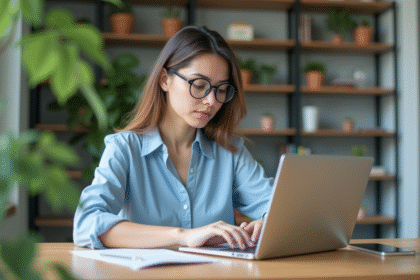 Jeune femme concentrée tapant sur son ordinateur portable
