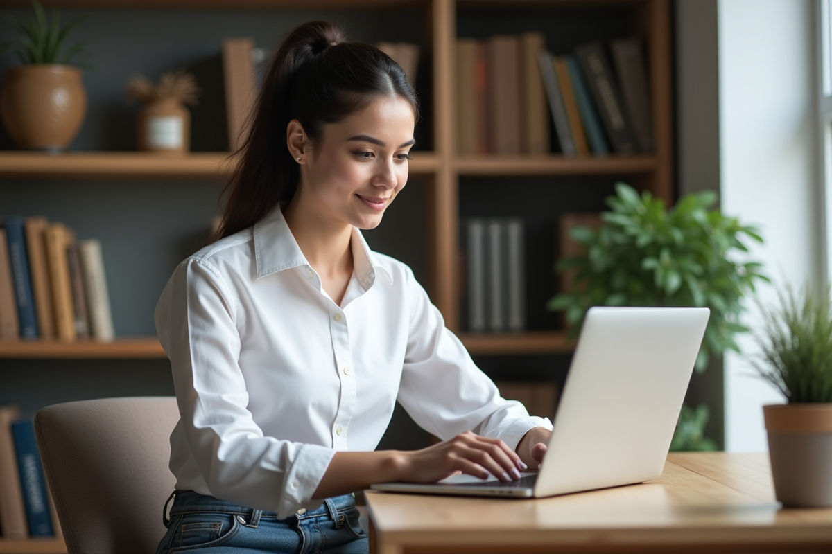 Jeune femme travaillant sur un ordinateur dans un bureau à domicile