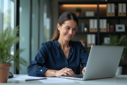 Femme en bureau triant ses emails sur un ordinateur