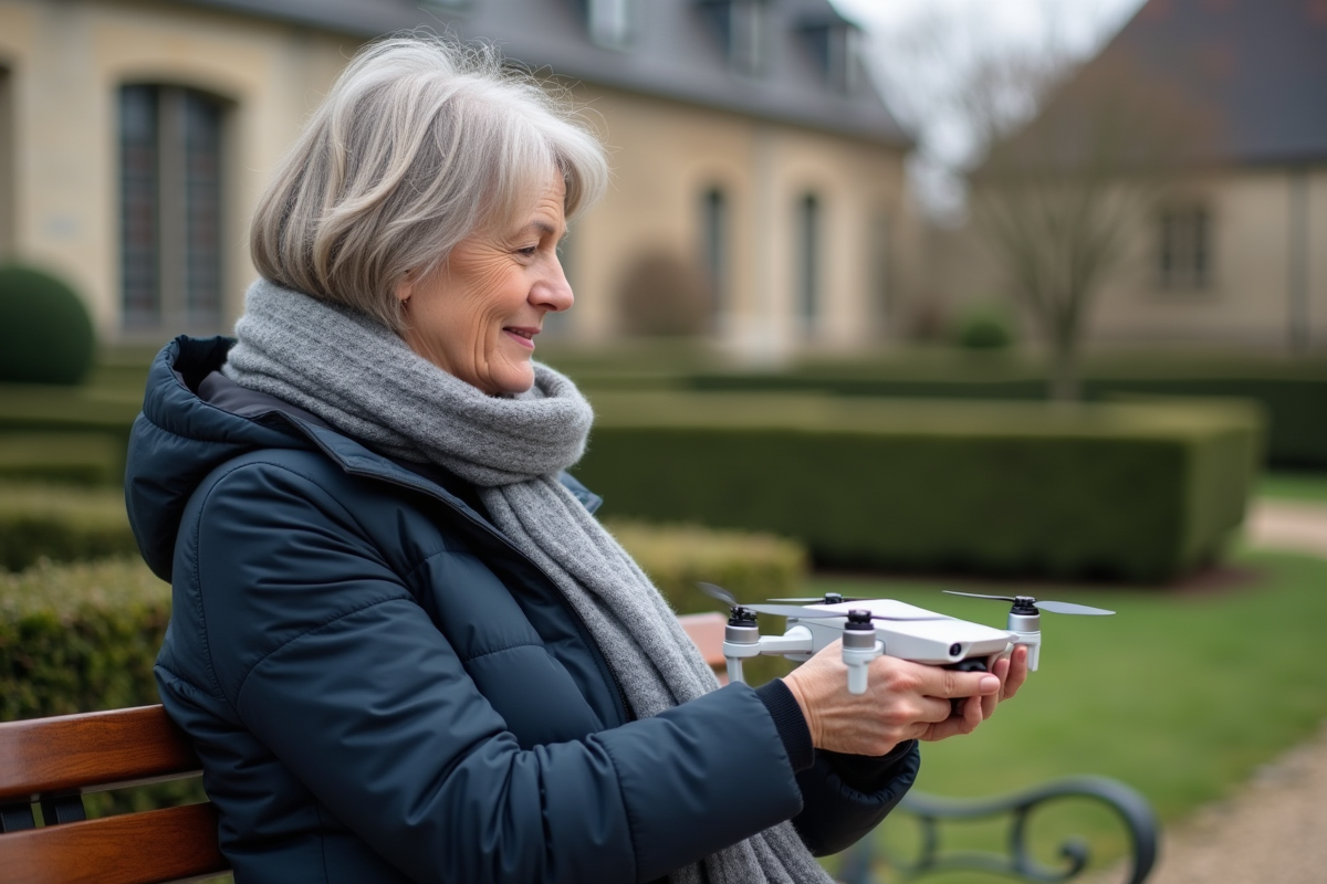 Femme déployant un drone dans un jardin urbain en France