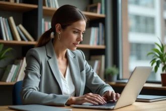 Femme utilisant une interface webmail sur un ordinateur portable dans un bureau à domicile professionnel