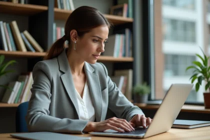 Femme utilisant une interface webmail sur un ordinateur portable dans un bureau à domicile professionnel