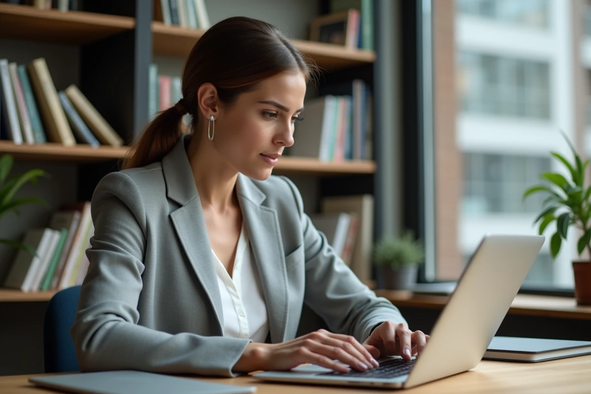 Femme utilisant une interface webmail sur un ordinateur portable dans un bureau à domicile professionnel