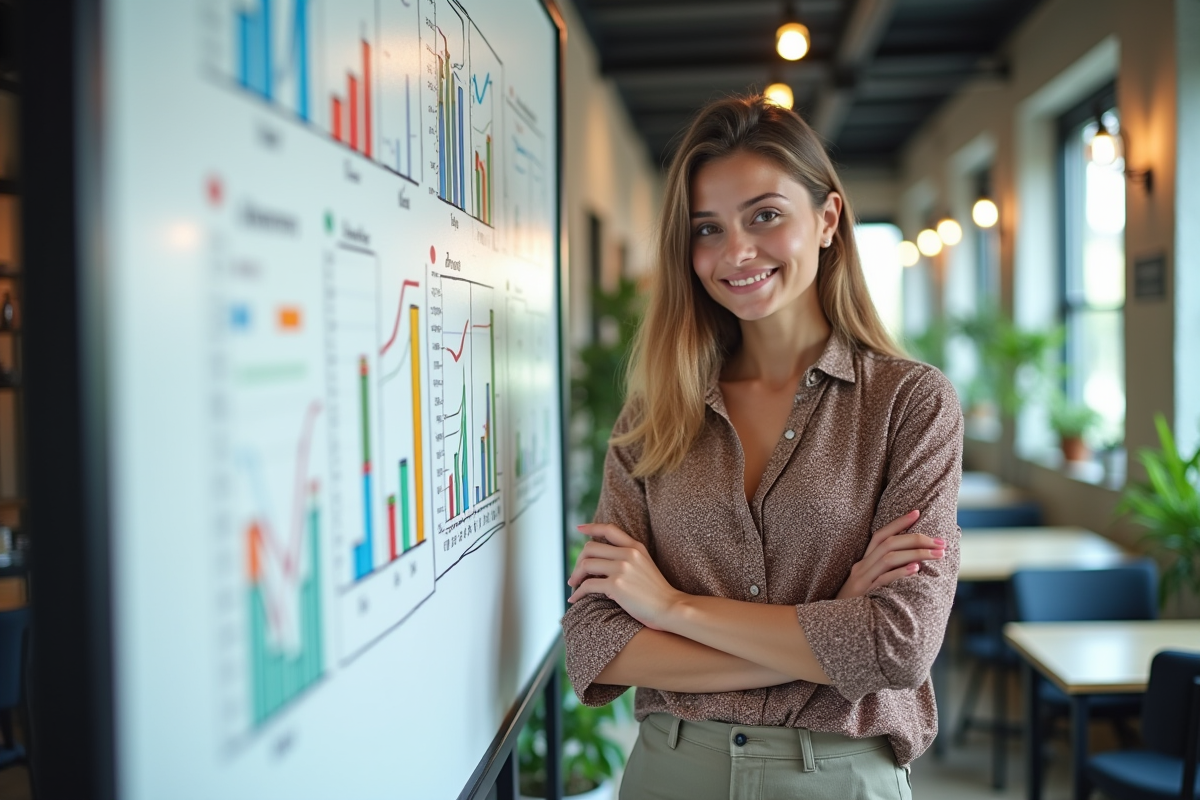 Femme devant tableau blanc avec graphiques et vues