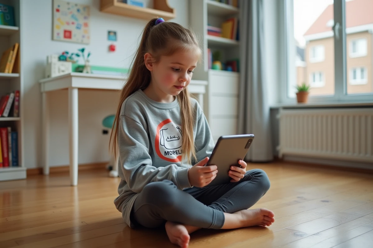 Fille de 11 ans configure son profil sur une tablette dans sa chambre