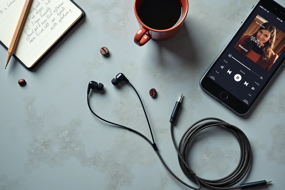 Pose à plat d'écouteurs intra-auriculaires et d'un smartphone affichant un fichier MP3 issu de YouTube, sur une surface en béton gris
