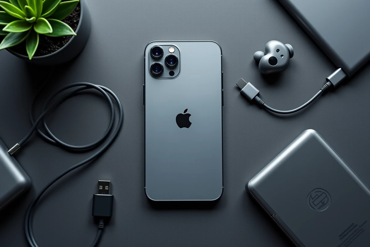Vue en plongée de l'iPhone 16 posé sur une surface en ardoise avec ses accessoires USB-C et batterie externe