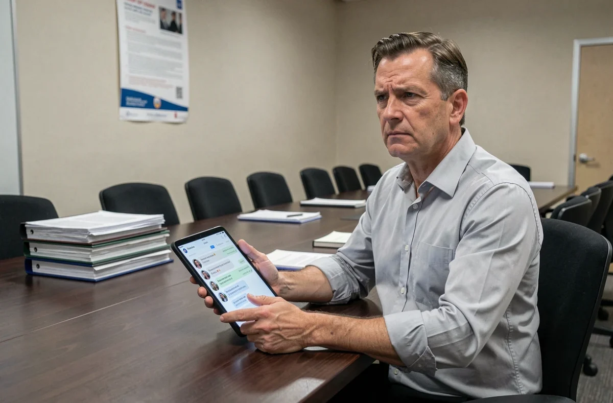 Fonctionnaire utilisant une messagerie sécurisée de groupe sur tablette dans une salle de réunion institutionnelle