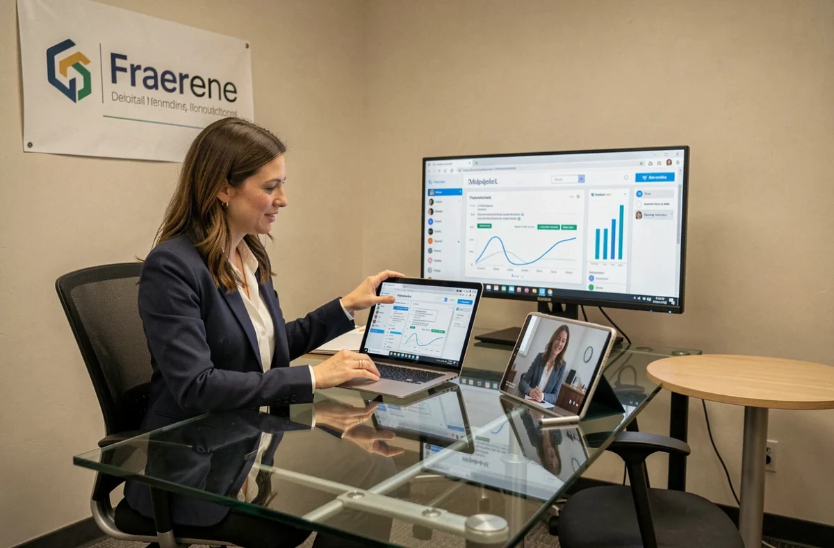 Consultante de FX Com'Unik présentant une stratégie de communication digitale adaptée aux PME locales