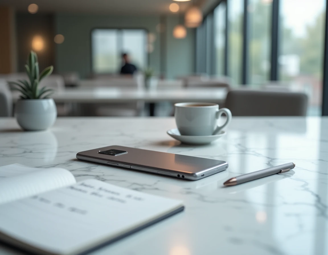 Google Pixel 8 Pro posé sur un bureau en marbre avec carnet et café, vue de dessus