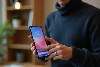 Homme tenant un Google Pixel 8 Pro avec interface Android visible, en 2026