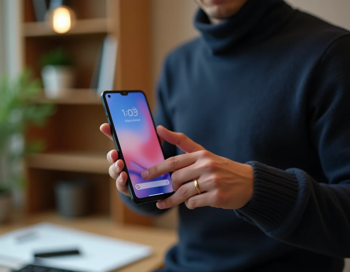 Homme tenant un Google Pixel 8 Pro avec interface Android visible, en 2026