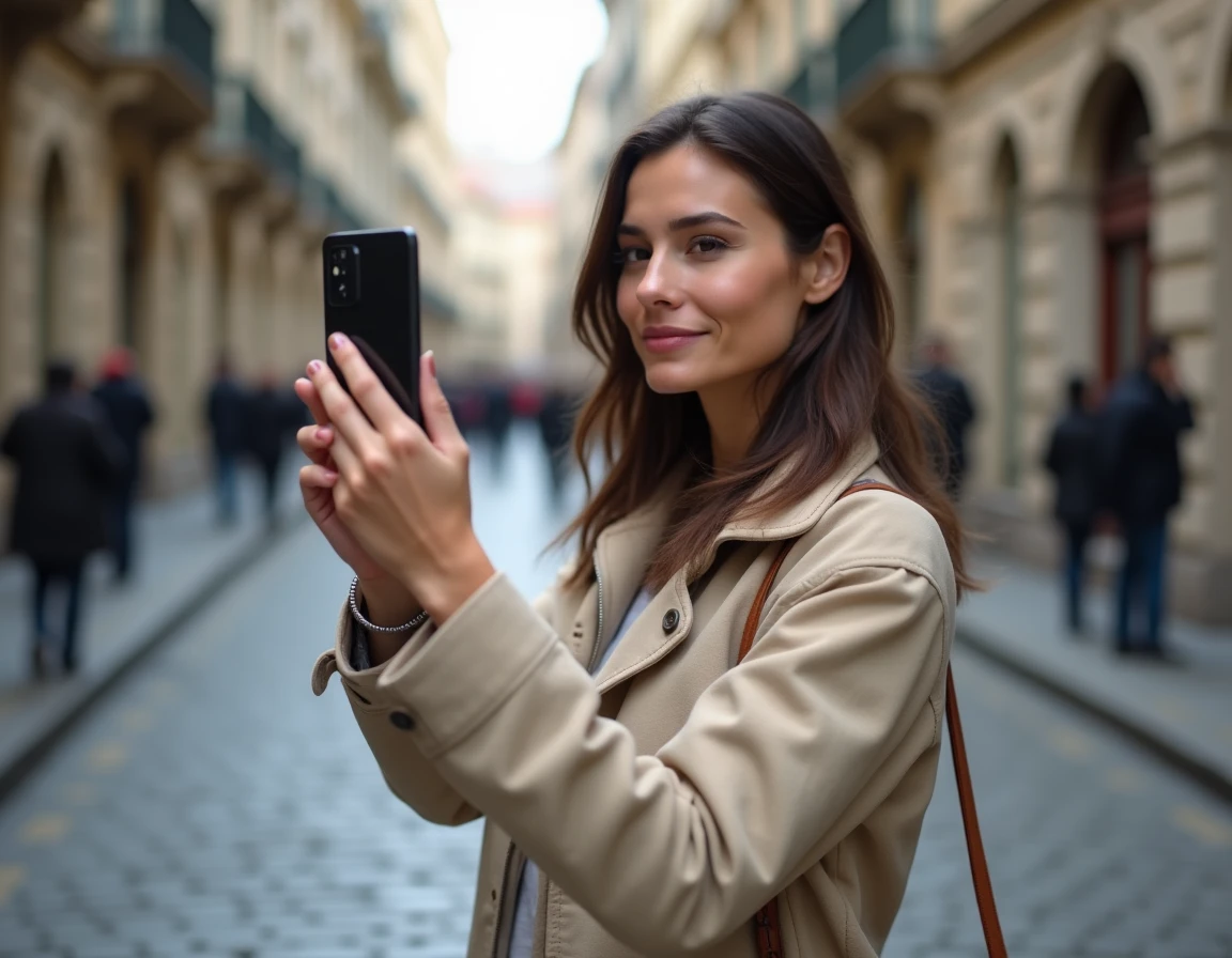 Femme utilisant le Google Pixel 8 Pro pour photographier dans une rue européenne
