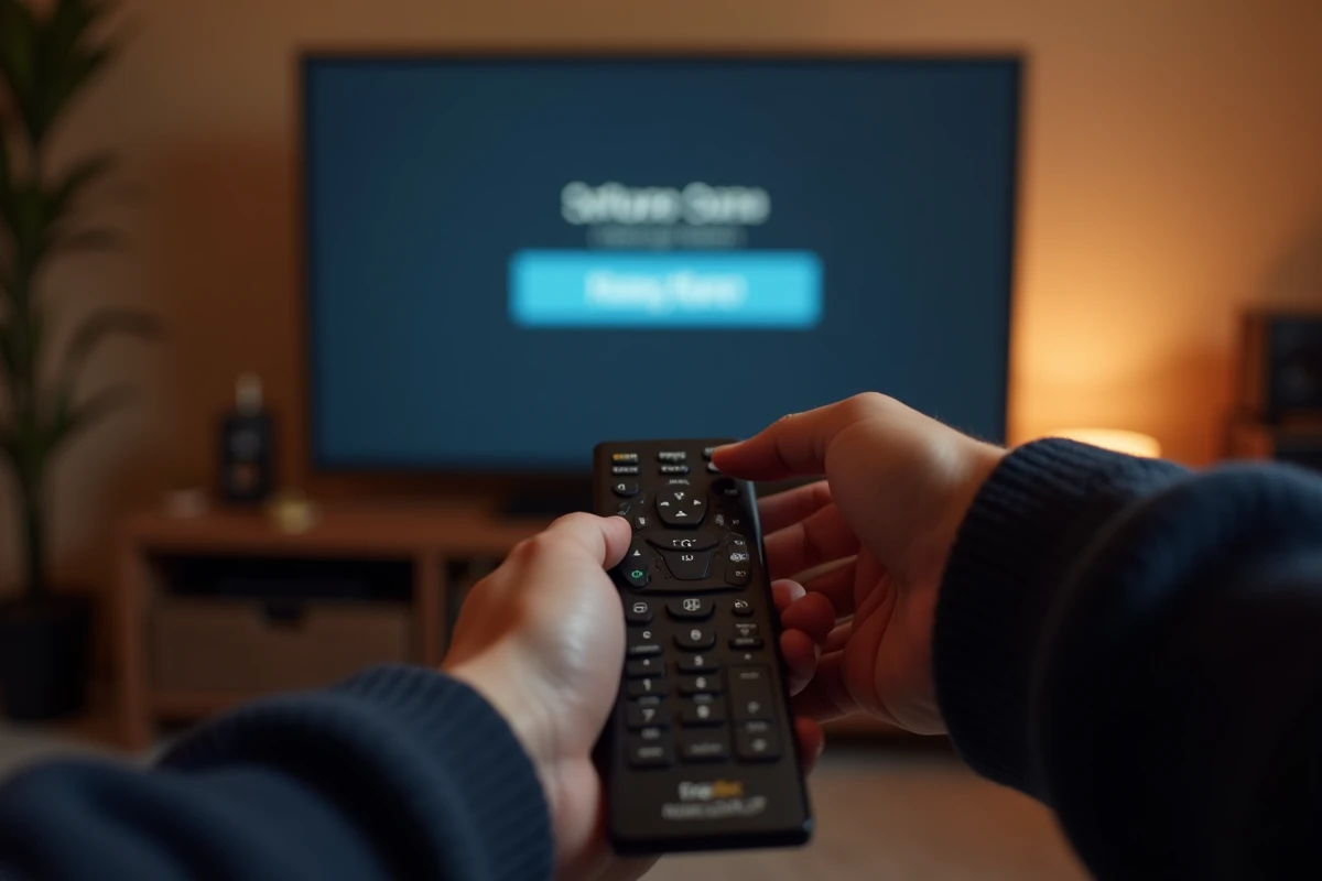 Gros plan de mains tenant une télécommande Free pointée vers un écran de mise à jour du décodeur Freebox
