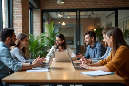 Groupe de jeunes professionnels en réunion dans un bureau moderne