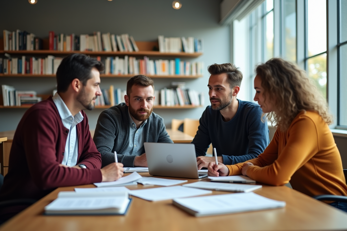 Groupe de quatre personnes discutant sur l