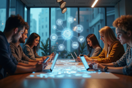 Groupe de jeunes adultes avec smartphones et icônes holographiques