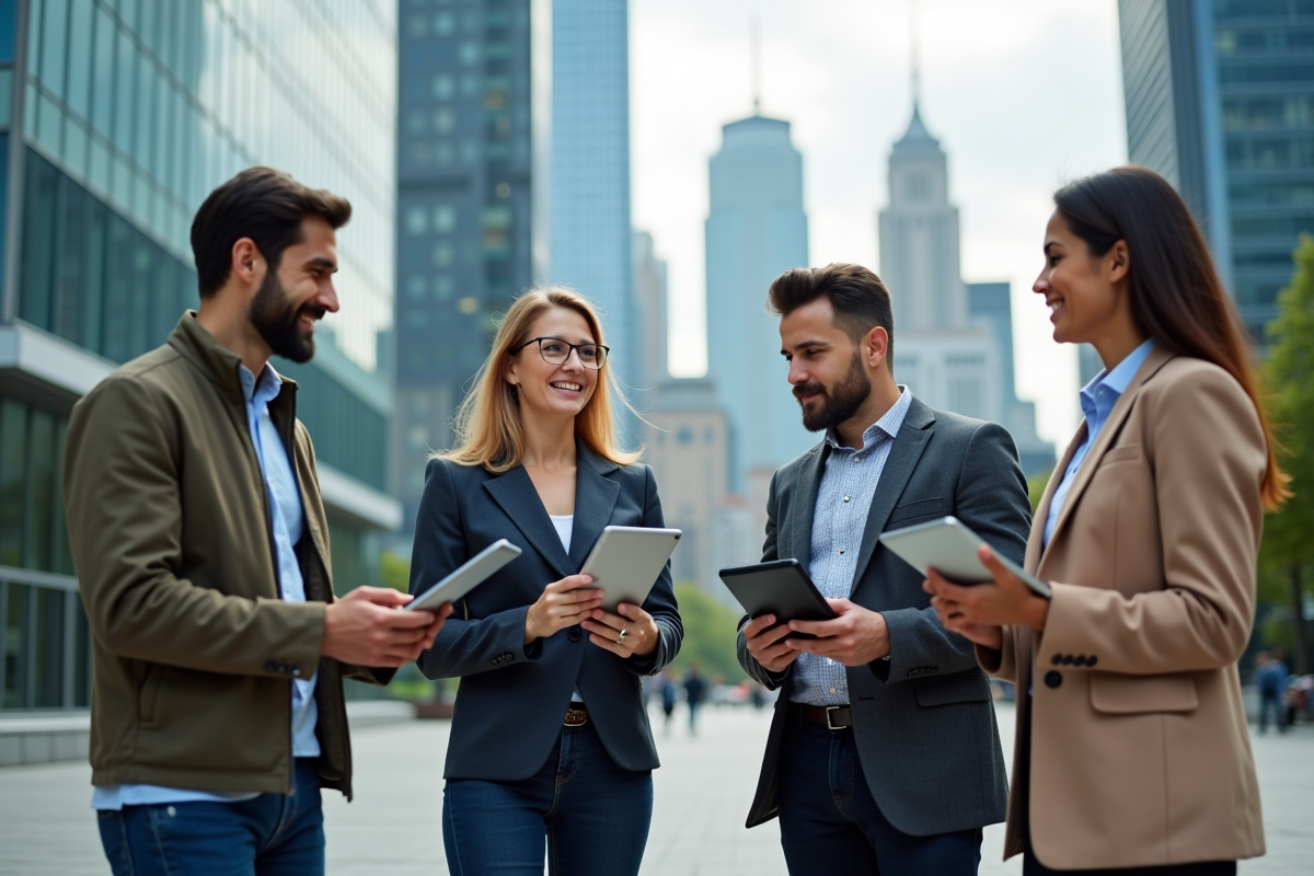 Groupe de spécialistes IT discutant en ville en extérieur