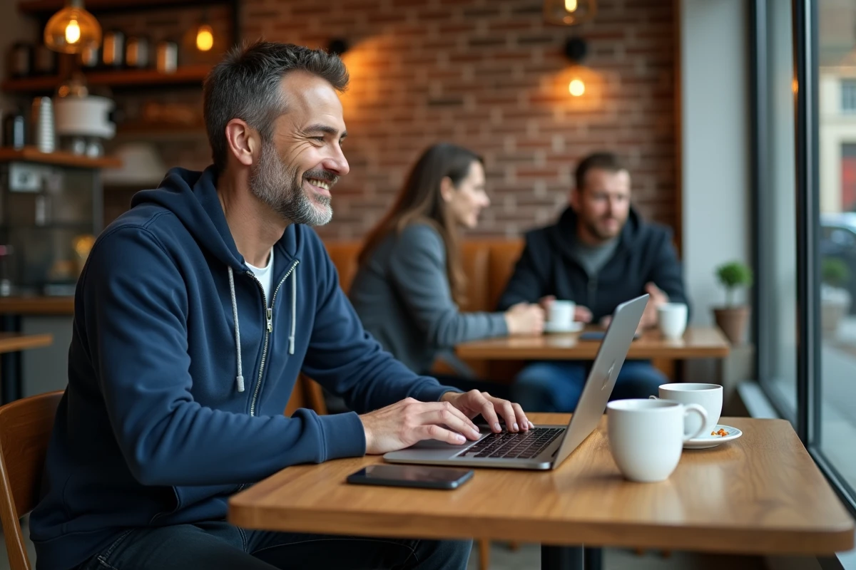 Homme comparant des téléphones reconditionnés sur un site en ligne dans un café urbain