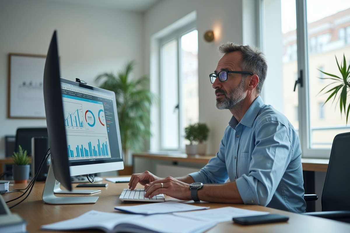 Homme français analysant des graphiques SEO dans un bureau contemporain
