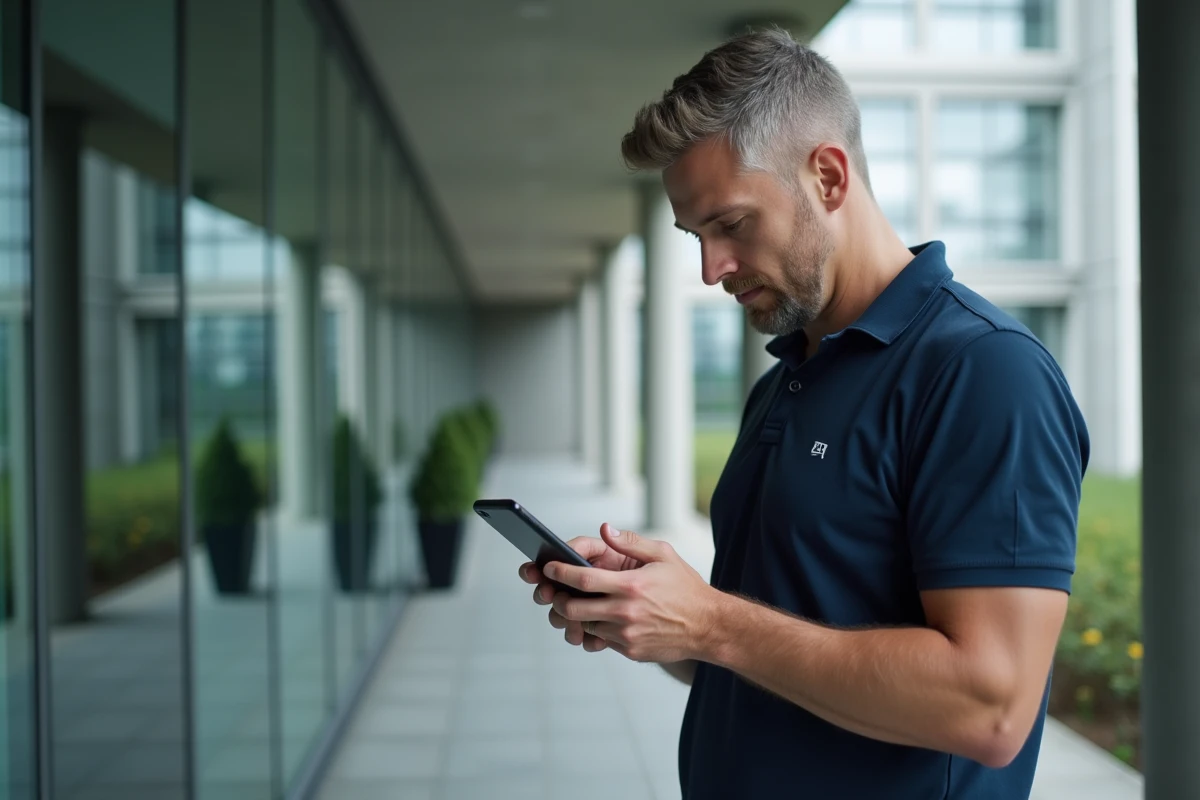 Homme consultant une application de messagerie sur smartphone devant un bâtiment de bureau moderne