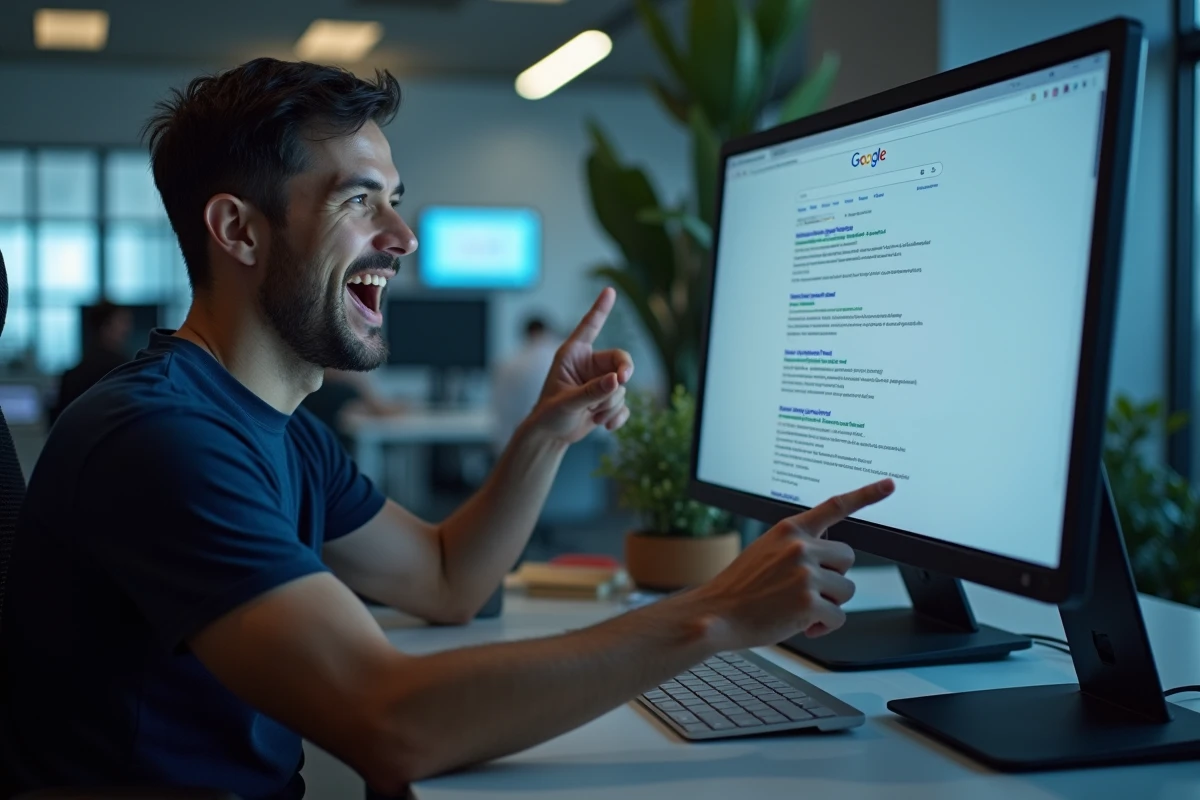 Homme en bureau montrant l'easter egg Do a Barrel Roll de Google sur un écran d'ordinateur