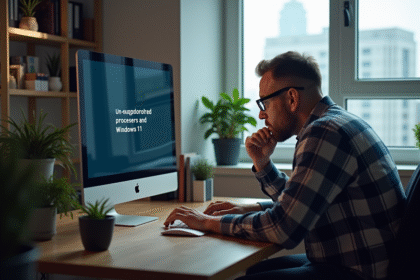 Homme d'âge moyen au bureau face à un écran d'erreur Windows 11