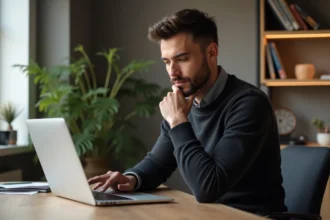Homme concentré travaillant sur son ordinateur dans un bureau moderne
