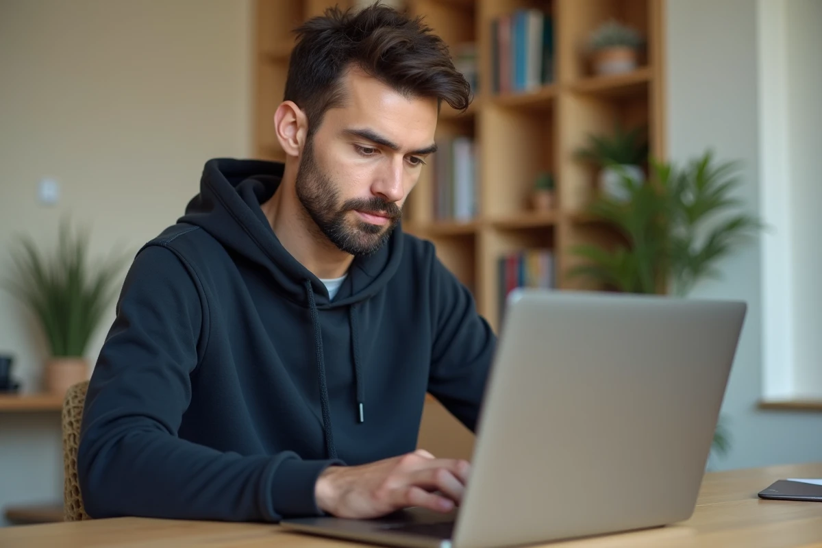 Homme assis à un bureau en bois consultant une plateforme en ligne sur son ordinateur portable dans un bureau minimaliste