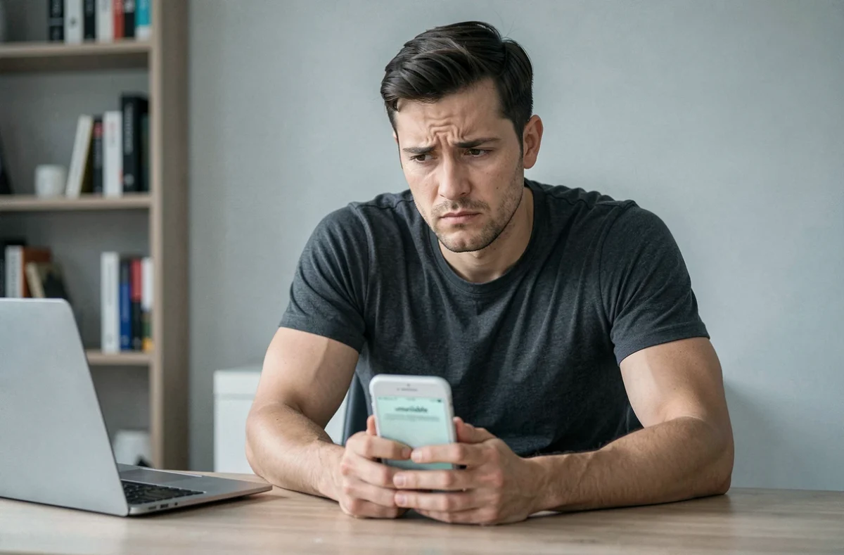 Homme au bureau à domicile consultant son téléphone face à un message story non disponible sur les réseaux sociaux