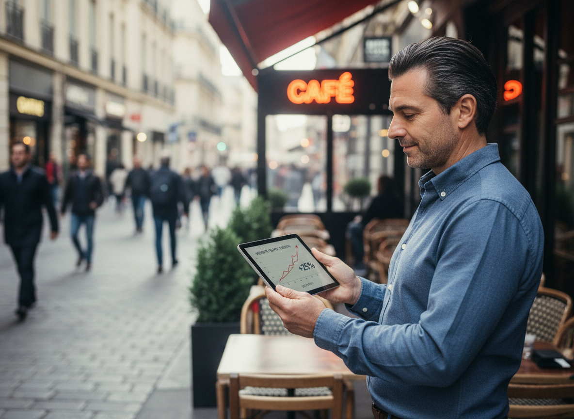 Homme dans un café urbain utilisant une tablette