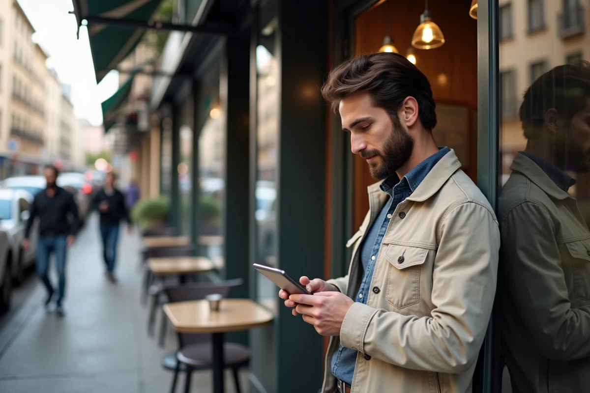 Homme barbu utilisant une tablette dans un café en ville