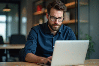 Homme d'affaires examine un certificat numérique sur son ordinateur