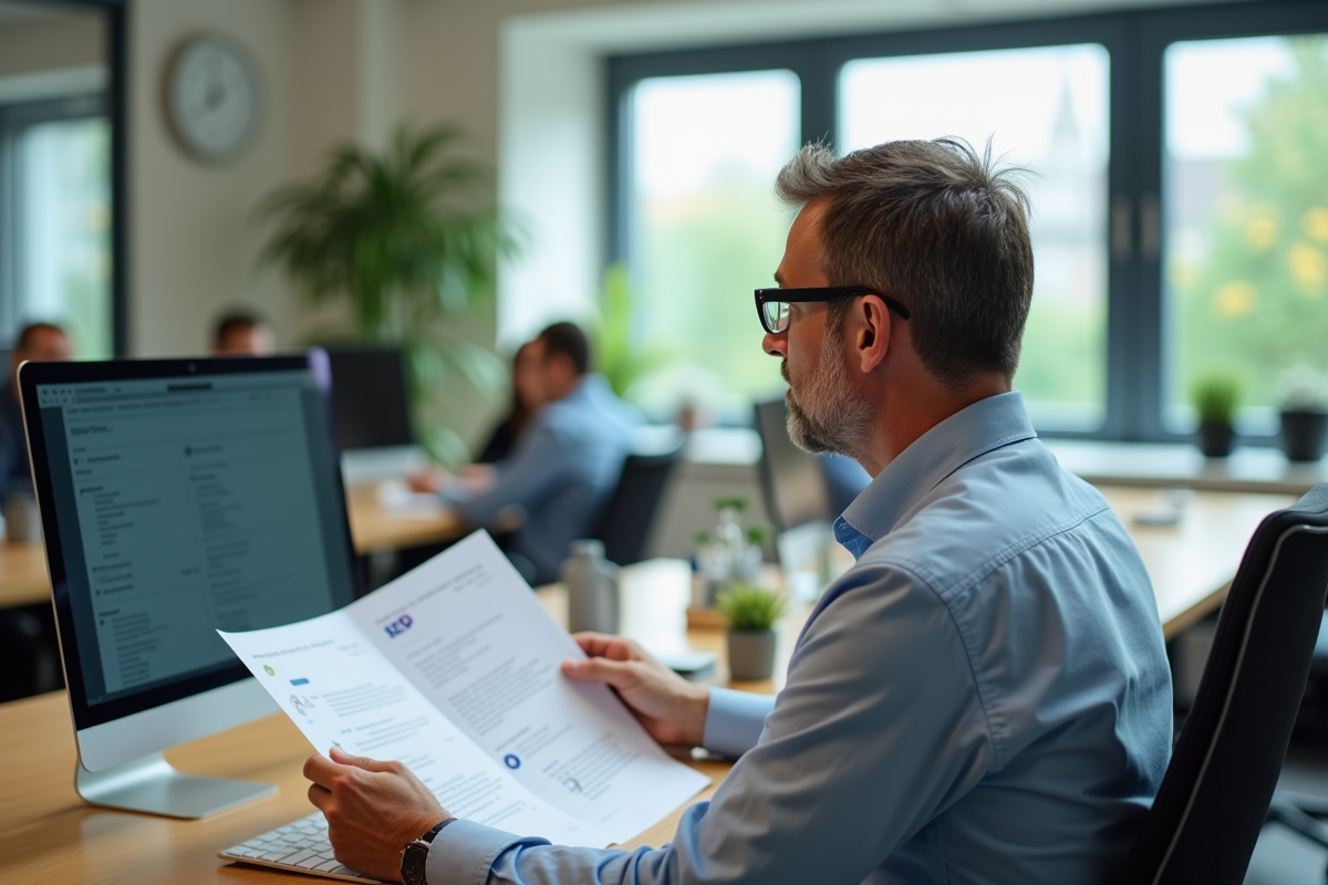 Homme analysant audit SEO dans espace coworking