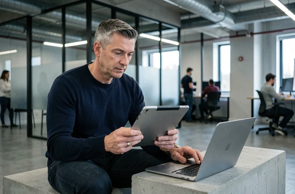 Homme comparant une tablette Android et un ordinateur portable dans un espace de coworking moderne