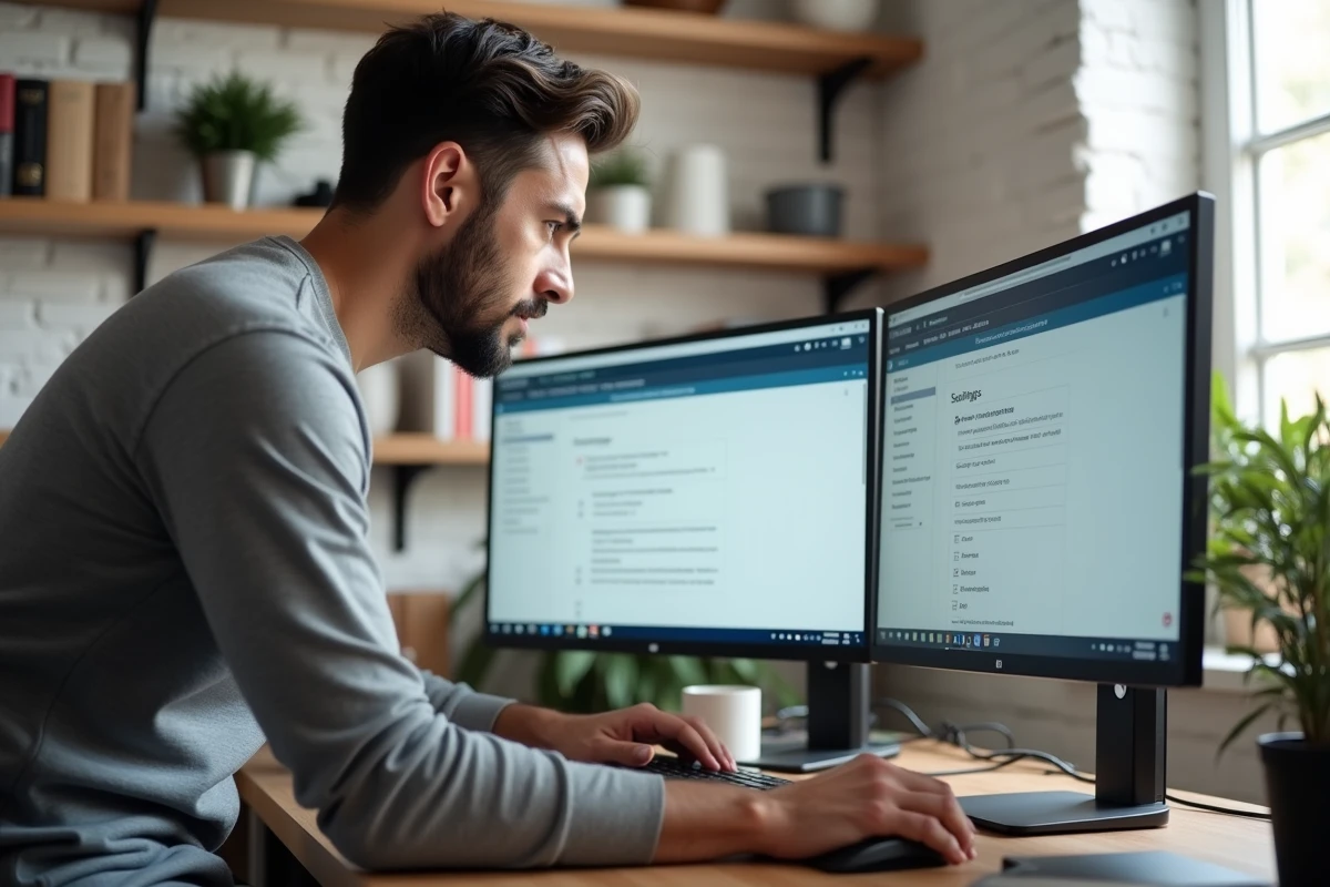 Homme configurant un client de messagerie sur double écran dans un bureau à domicile pour optimiser Melanie2web