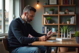 Homme en jeans et pull configure son WiFi à la maison