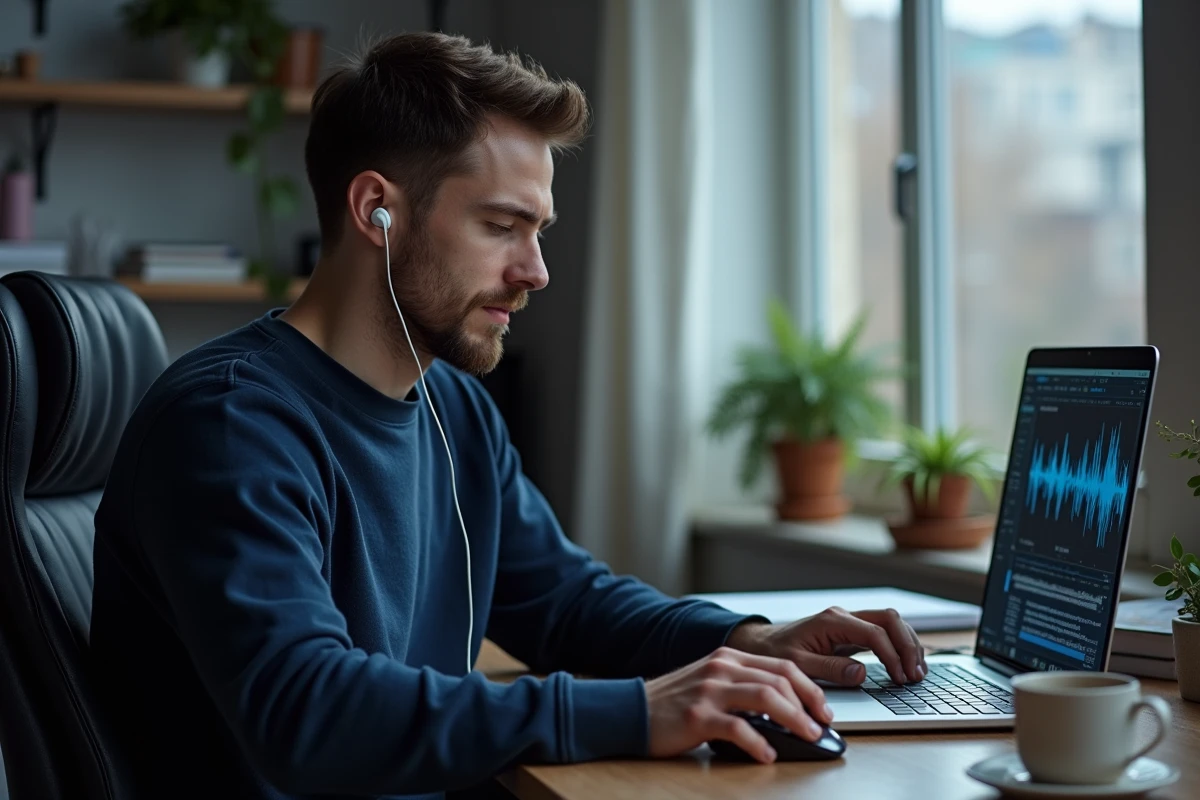 Homme convertissant une vidéo YouTube en fichier MP3 sur son ordinateur portable avec des écouteurs filaires dans un bureau à domicile