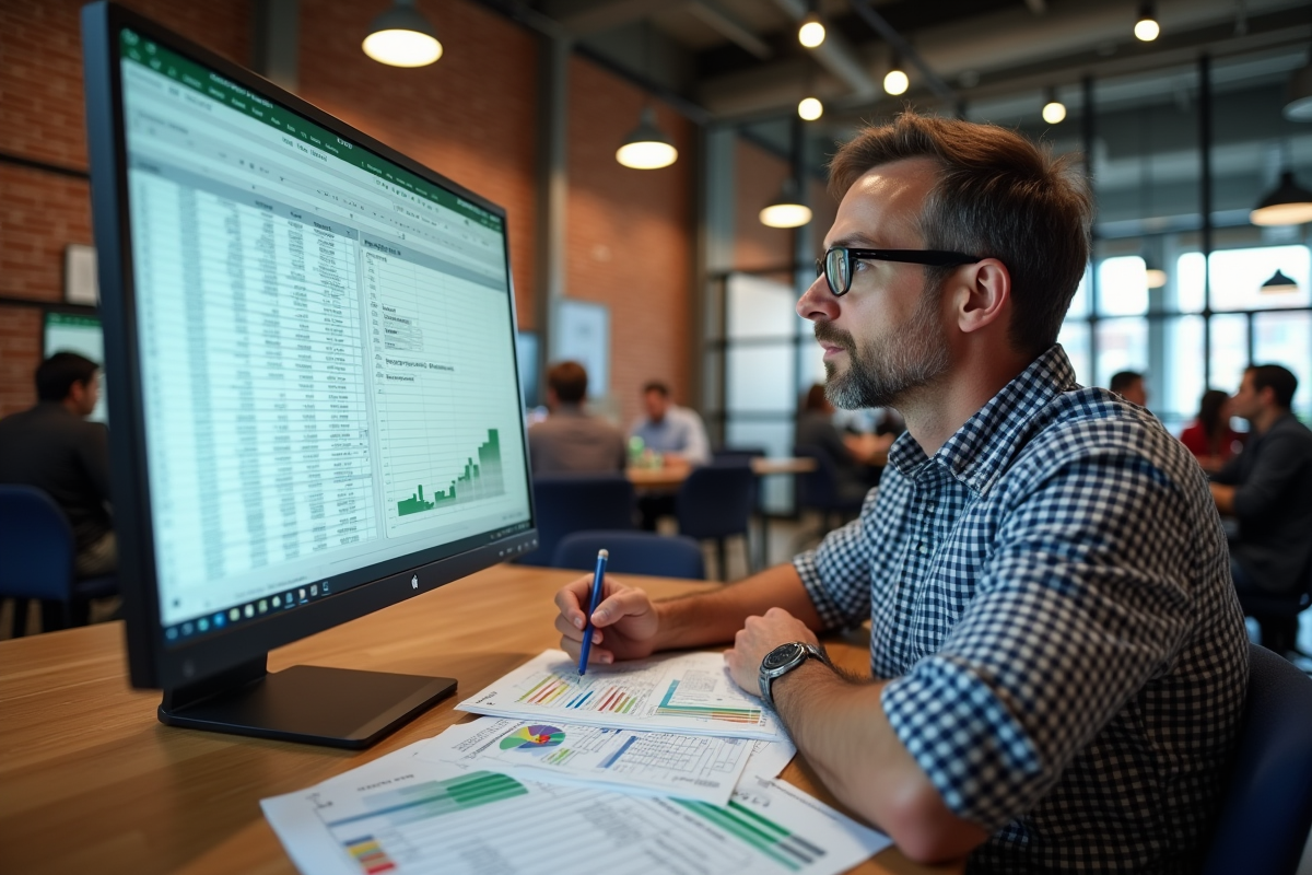 Homme en coworking analysant des données Excel sur grand écran