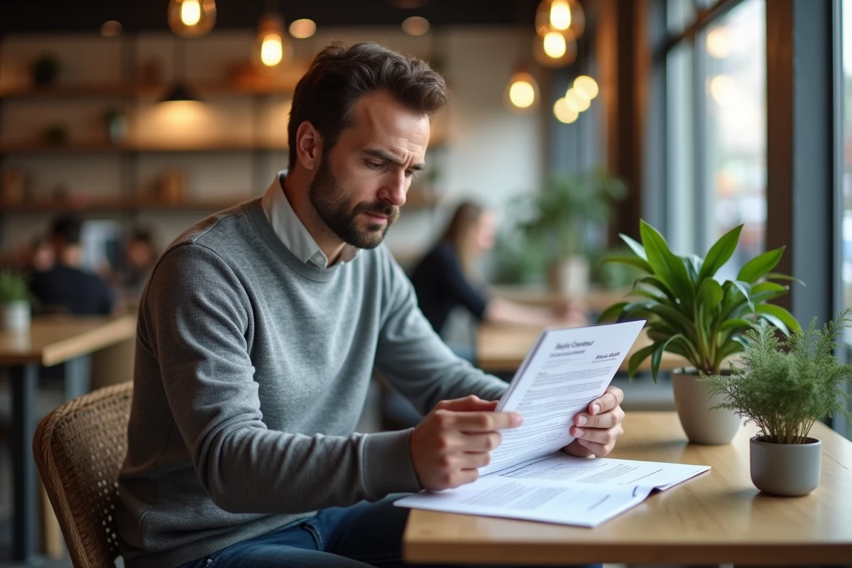 Homme examine contrat web dans café lumineux