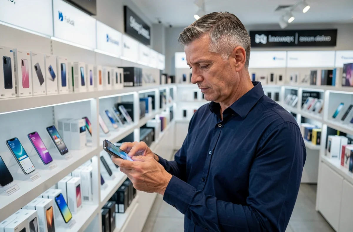 Homme examinant un smartphone en magasin électronique pour comparer les prix et les caractéristiques