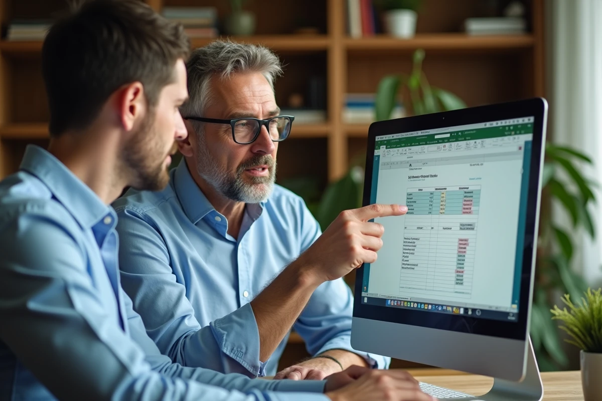 Homme expliquant un calcul Excel à un collègue en réunion