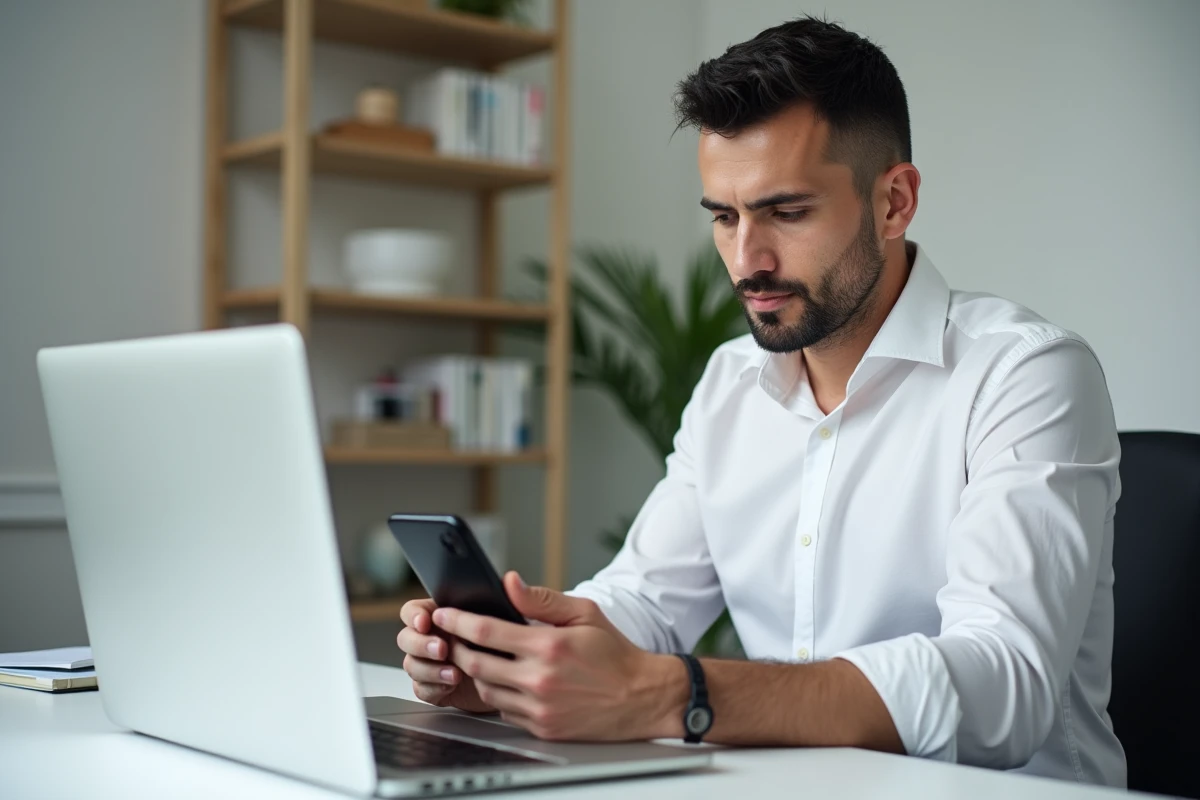 Homme connectant son iPhone à un MacBook pour restaurer des SMS perdus après réinitialisation