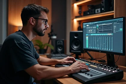 Homme en studio audio concentré sur logiciel de mixage