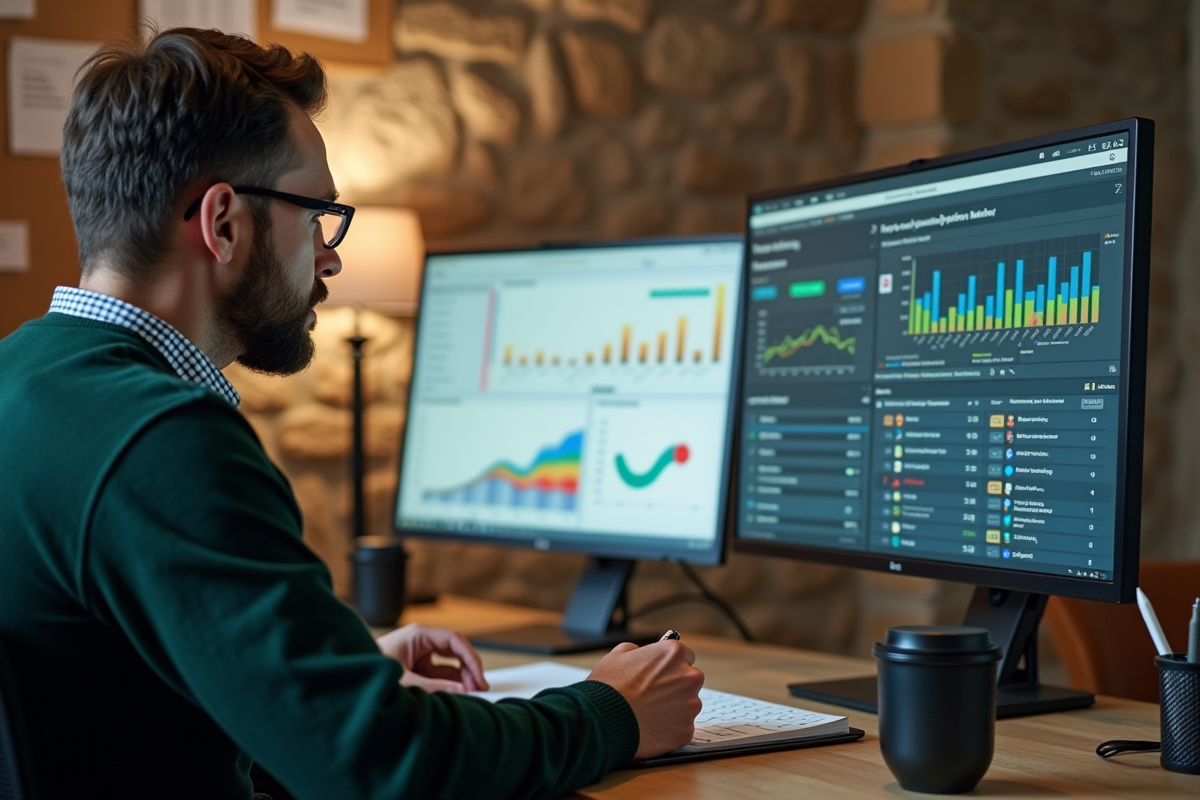 Homme en sweater vert analysant des graphiques de mots clés