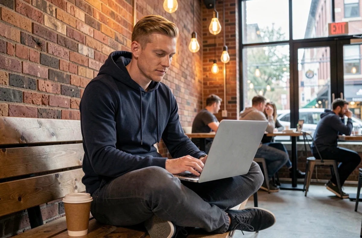 Homme nomade travaillant sur un ordinateur portable dans un café co-working urbain, illustrant la mobilité et le travail à distance