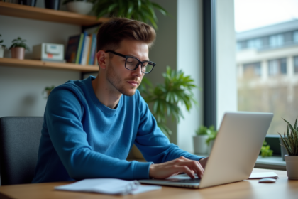 Jeune homme en bureau moderne utilisant un antivirus