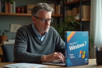 Homme d'âge moyen examinant une boîte Windows 7