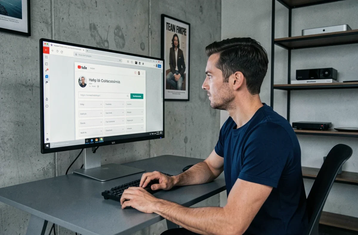 Homme en train de coller un lien YouTube dans un outil de conversion en ligne sur grand écran